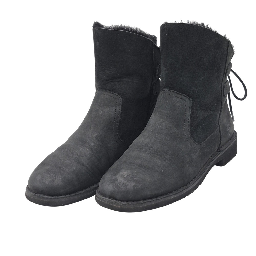 UGG Boots Womens Size‎ 8.5 Black Suede Shearling Lined Tie Back Ankle 1019164